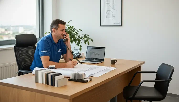 Antonio Viladoms sentado en su despacho hablando por teléfono