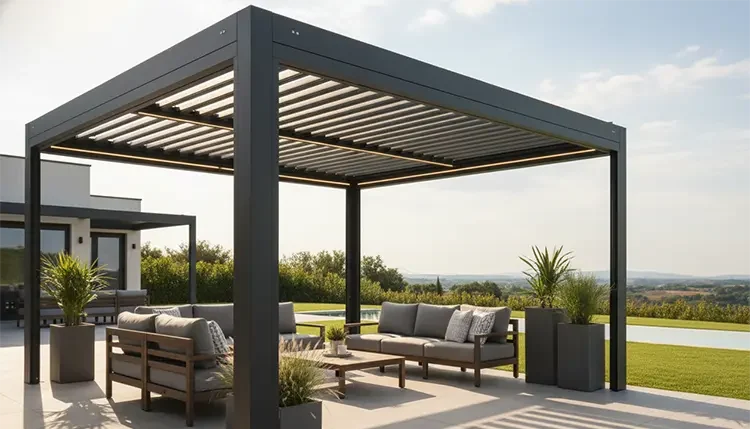 Imagen de una pérgola con sofas en su interior y un exterior soleado