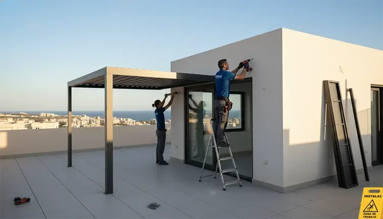 Antonio Viladoms instalando una pérgola y unas ventanas de aluminio