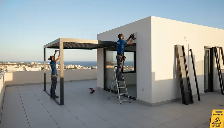Antonio Viladoms instalando una pérgola y unas ventanas de aluminio