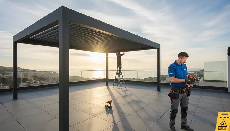 Antonio Viladoms instalando una pérgola y unas ventanas de aluminio
