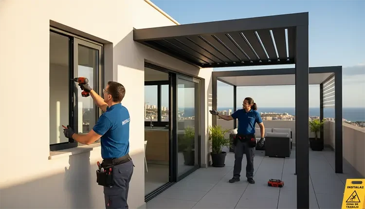 Antonio Viladoms instalando una pérgola y unas ventanas de aluminio
