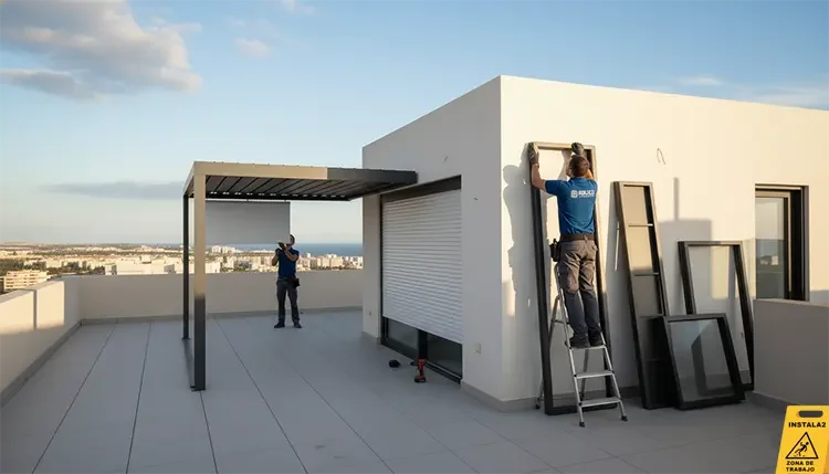 Antonio Viladoms instalando una pérgola y unas ventanas de aluminio