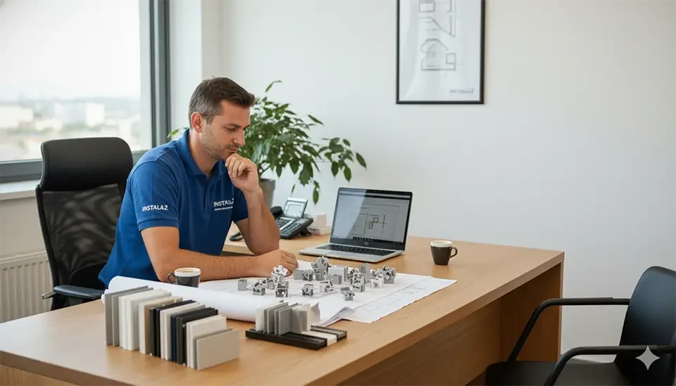 Antonio Viladoms sentado en su despacho revisando unas piezas de aluminio