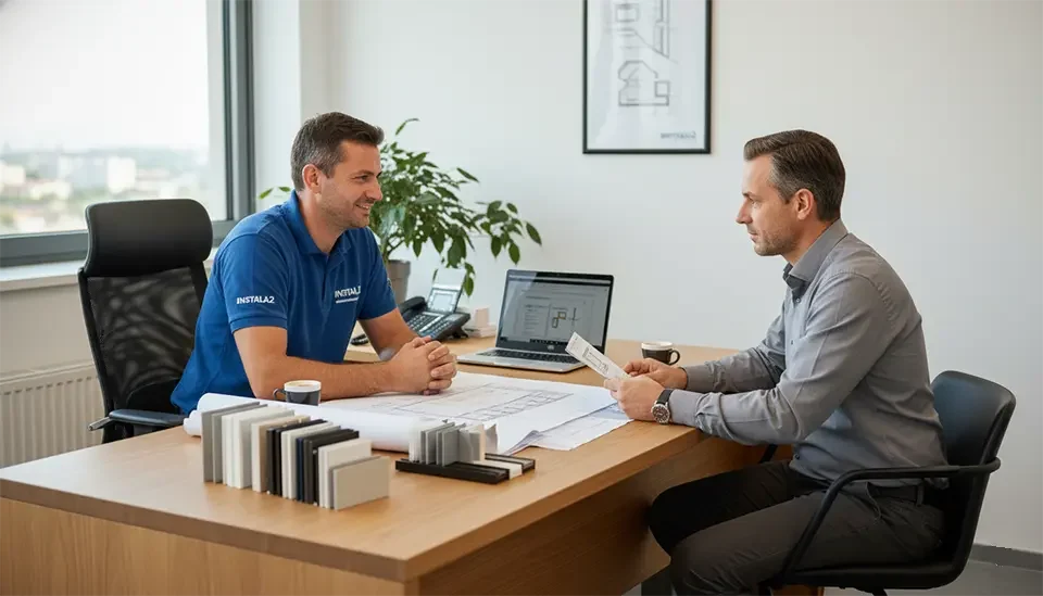 Antonio Viladoms sentado en su despacho atendiendo a un cliente